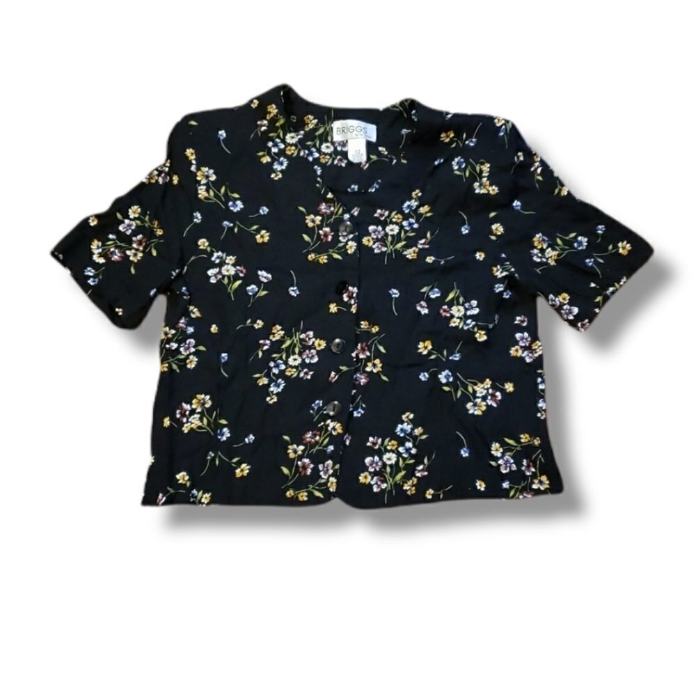 Briggs New York Vintage‎ Retro Black Floral Crop Top with Shoulder Pads S…